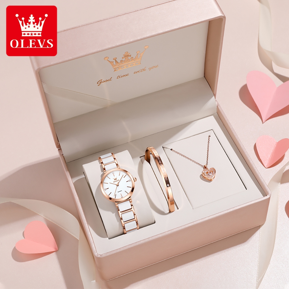 Accessories With Watch - OLEVSレディース腕時計5877高級エレガントクォーツ腕時計防水夜光セラミックストラップレディース腕時計ブレスレットセットギフトボックス時計