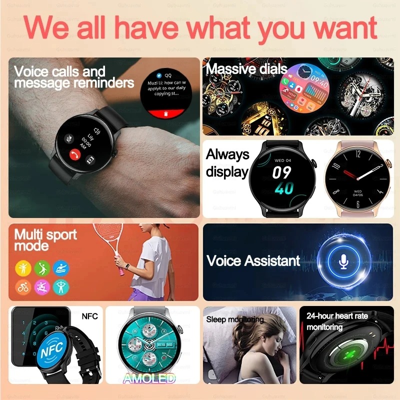 女性スマートウォッチ NFC AMOLED スクリーン血中酸 - Smartwatch Instagram のレビューと価格